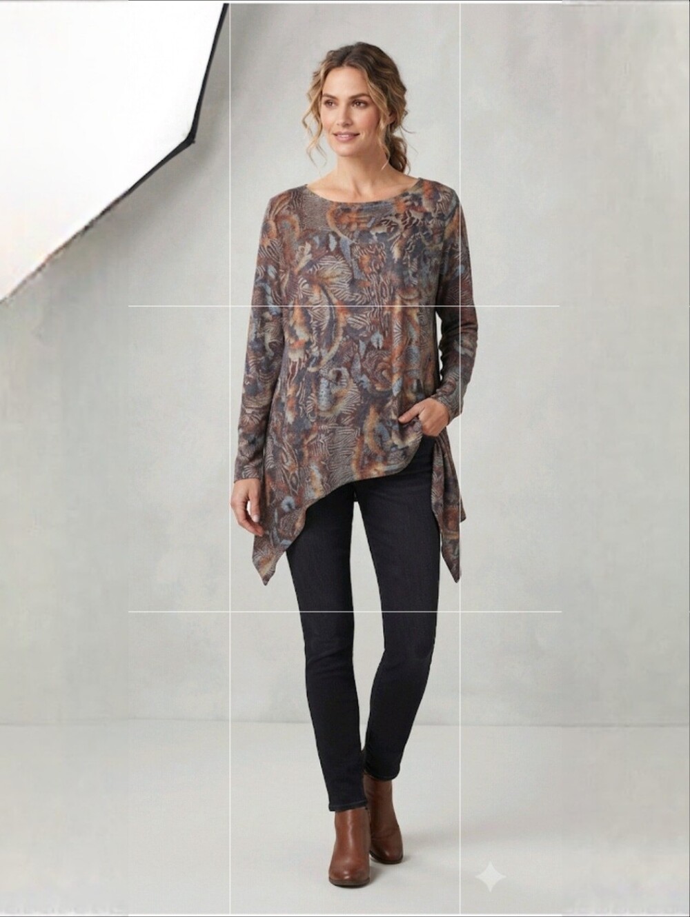 Soft Surroundings Patchwork Print Shark Bite Hem Brown Tan Tunic Top Size S/M